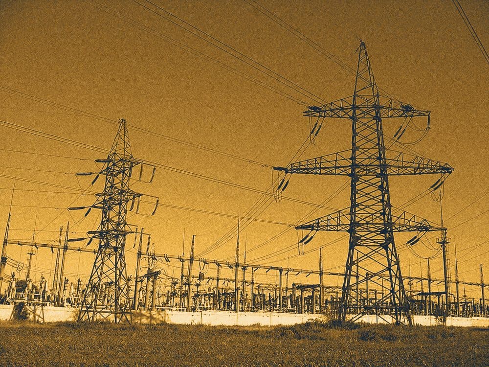 An electrical substation in Ukraine with transmission towers